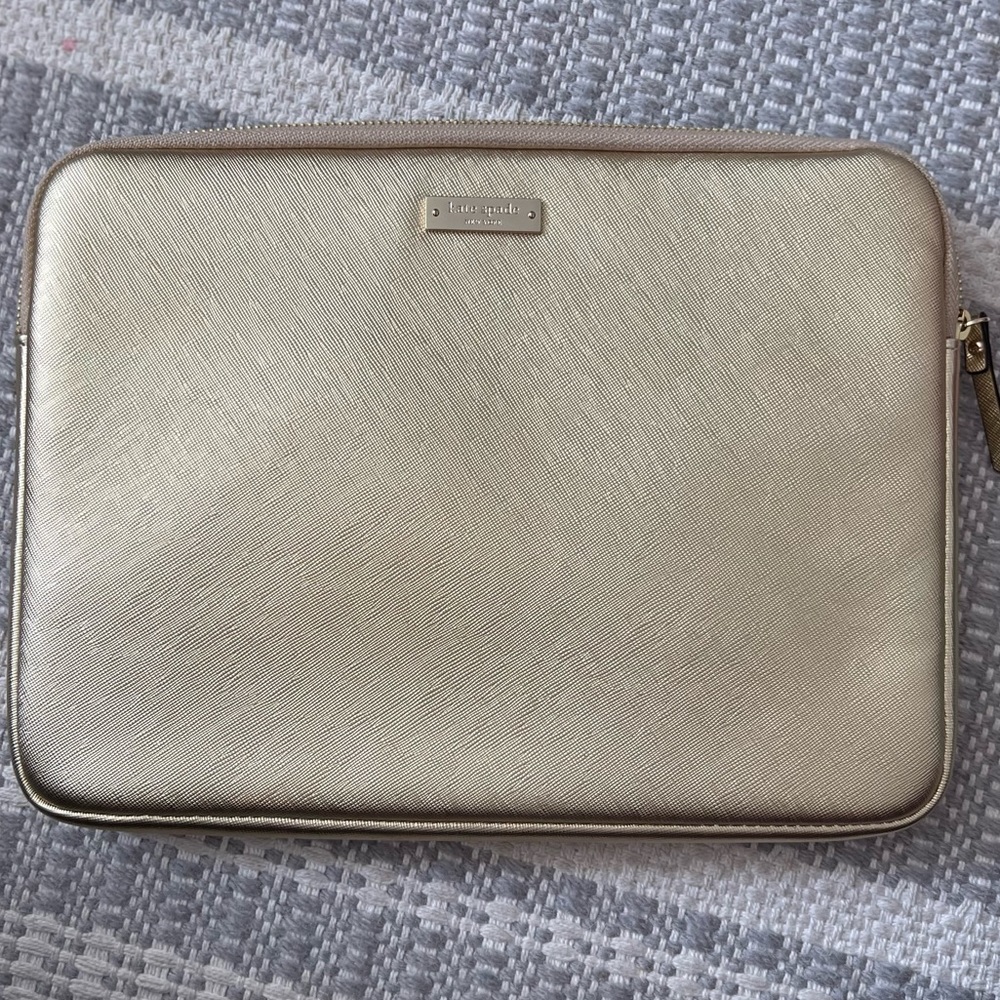 Kate Spade Gold Leather Zip Around Laptop Tablet iPad Case Sleeve, Lined